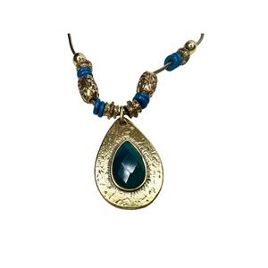 Vintage Ethnic Tribal Silver Emerald Green Teardrop Pendant Necklace 16-19"